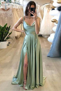 Charming A Line Cowl Neck Sage Green Silk Satin Long Prom Dresses with Slit AB081521