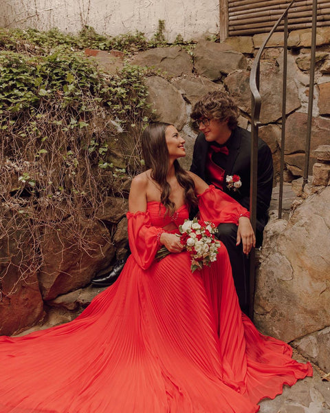Charming A Line Sweetheart Red Chiffon Long Prom Dresses with Long Sleeves AB040901