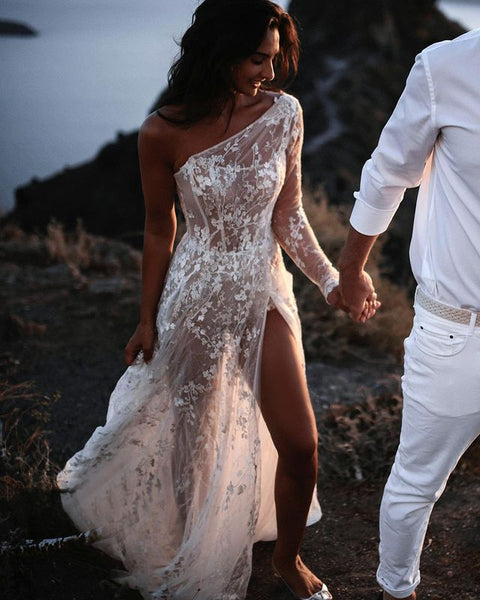 Bohemian A Line One Shoulder See Through Lace Beach Wedding Dresses AB081546