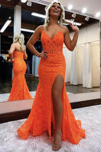 Gorgeous Mermaid Orange Sequins Lace Long Prom Dresses with Side Slit AB061801