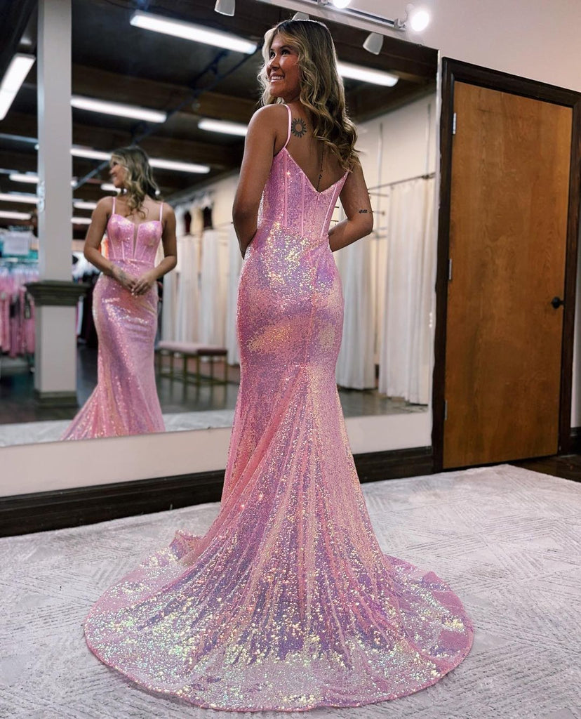 Sparkly Mermaid Sweetheart Pink Sequins Long Prom Dresses AB111303
