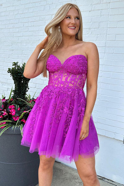 Cute A Line Sweetheart Fuchsia Tulle Short Homecoming Dresses with Appliques AB071702