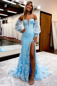 Cute Mermaid Sweetheart Sequins Lace Long Prom Dresses with Slit AB112803