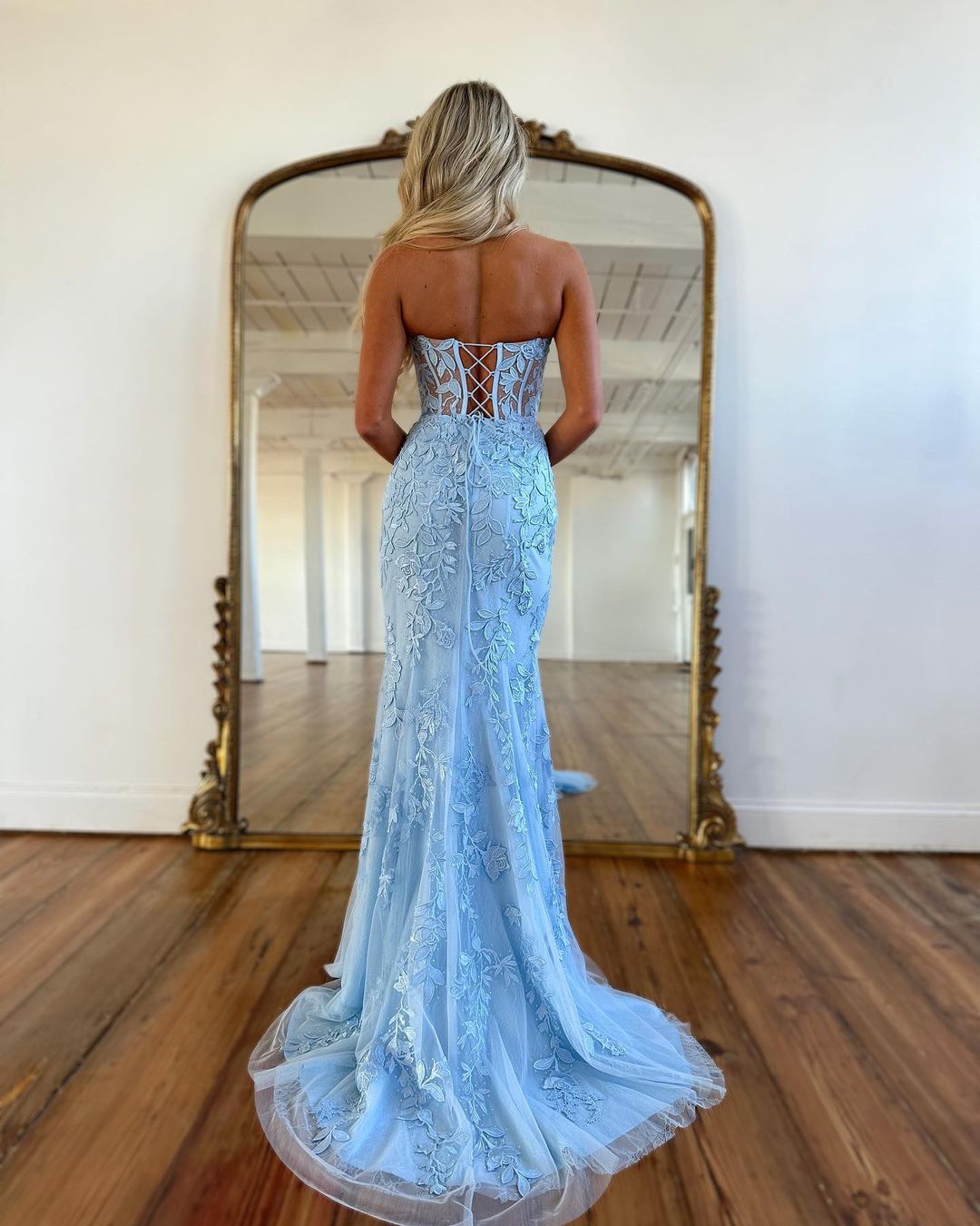 Cute Mermaid Sweetheart Light Blue Lace Prom Dresses AB21701  Anniebride
