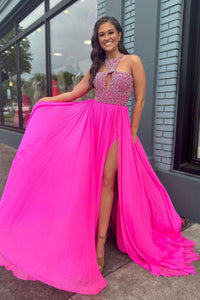 Beautiful A-Line Halter Hot Pink Chiffon Long Prom Dresses with Beading AB061807