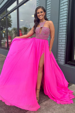Beautiful A-Line Halter Hot Pink Chiffon Long Prom Dresses with Beading AB061807