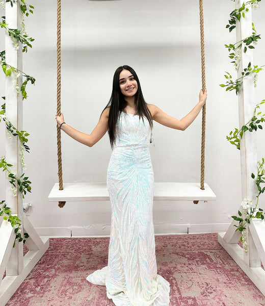 Cute Mermaid One Shoulder Whie Sequins Prom Dresses AB20701