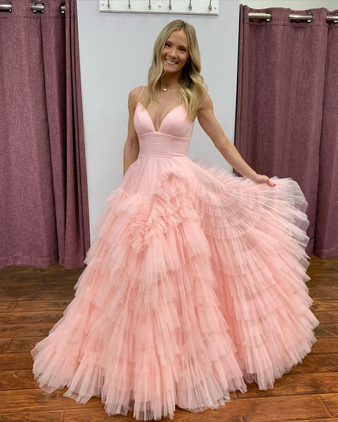 Fairy A Line V Neck Pink Tulle Wedding Dresses AB13001