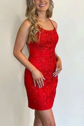 Fashion Cute Scoop Neck Red Lace Short Homecoming Dresses AB081620