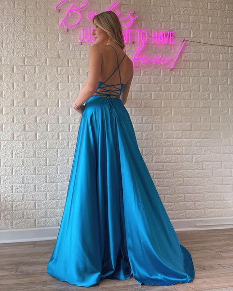 Cute A Line V Neck Blue Satin Long Prom Dresses with Slit AB12804