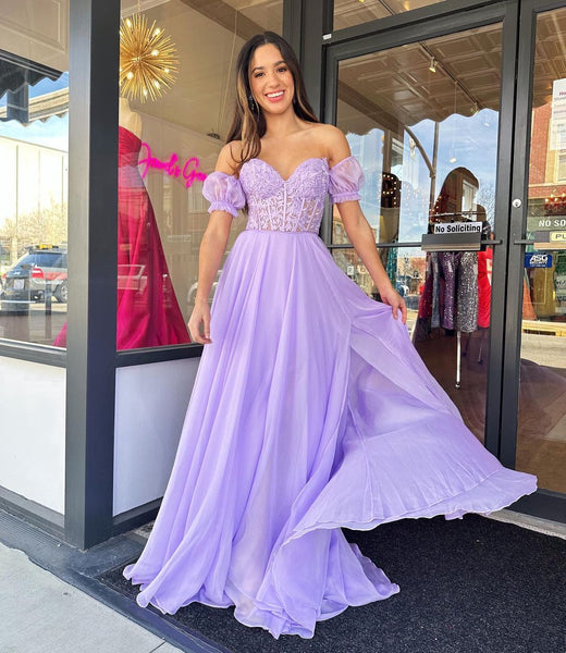Charming A Line Sweetheart Lavender Chiffon Prom Dresses with Lace AB22502