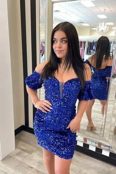 Sparkly Cute Off the Shoulder Blue Sequins Short Homecoming Dresses AB091803