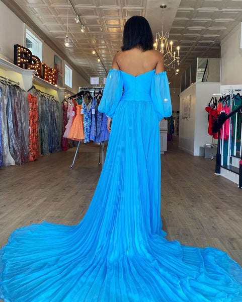 2023 Charming A Line Off the Shoulder Long Sleeves Blue Chiffon Prom Dresses with Slit AB101501