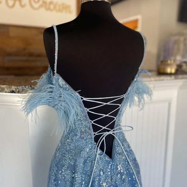 Sparkly A Line Deep V Neck Light Blue Sequins Long Prom Dresses with Appliques AB090302