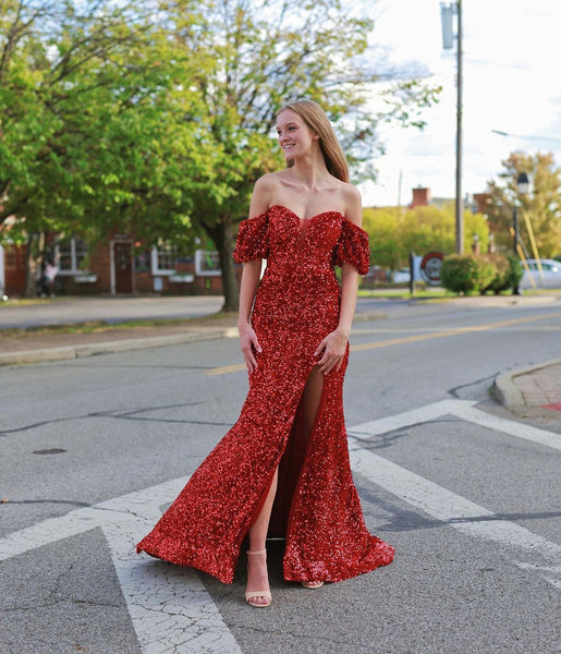 Cute Mermaid Off the Shoulder Red Sequins Long Prom Dresses with Slit AB100807