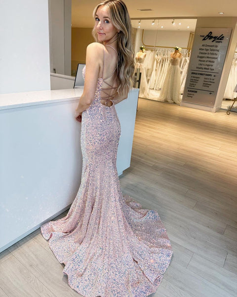 Cute Mermaid V Neck Blush Pink Sequins Long Prom Dresses AB121102