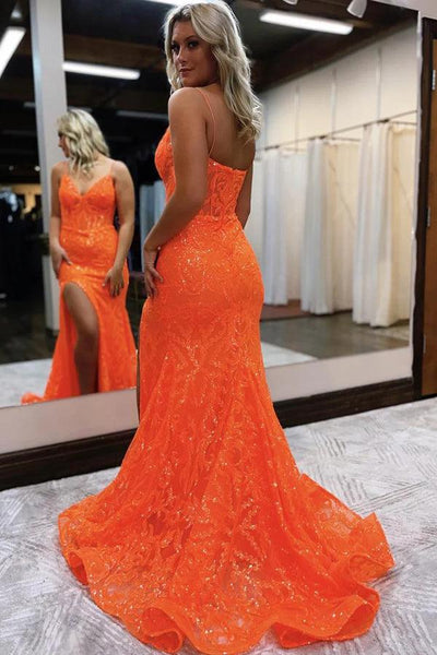 Gorgeous Mermaid Orange Sequins Lace Long Prom Dresses with Side Slit AB061801