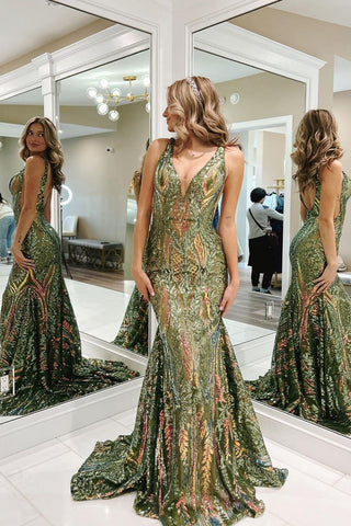 Charming Mermaid V Neck Green Sequins Long Prom Dresses AB111402