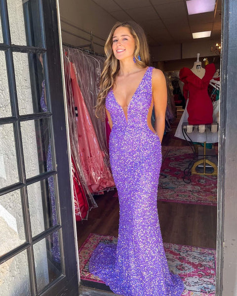 Charming Mermaid V Neck Blue Sequins Long Prom Dresses AB111505