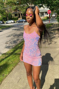 Cute Sparkly Bodycon Straps Pink Sequins Short Hoco Dresses AB082601