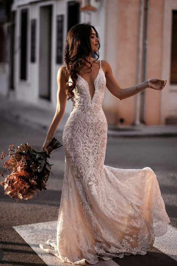 Gorgeous Mermaid Deep V Neck Lace Wedding Dresses with Appliques AB090806 Anniebride Gorgeous Mermaid Deep V Neck Lace Wedding Dresses with Appliques AB090806 Anniebride
