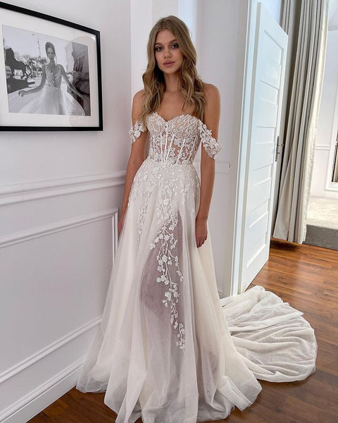 Charming A Line Sweetheart Sparkly Beading Lace Wedding Dresses with Slit AB081808