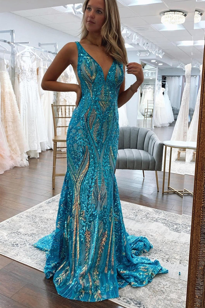 Sparkly Mermaid Deep V Neck Blue & Gold Sequins Lace Long Prom Dresses AB101001 Anniebride Sparkly Mermaid Deep V Neck Blue & Gold Sequins Lace Long Prom Dresses AB101001 Anniebride