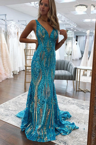 Sparkly Mermaid Deep V Neck Blue & Gold Sequins Lace Long Prom Dresses AB101001