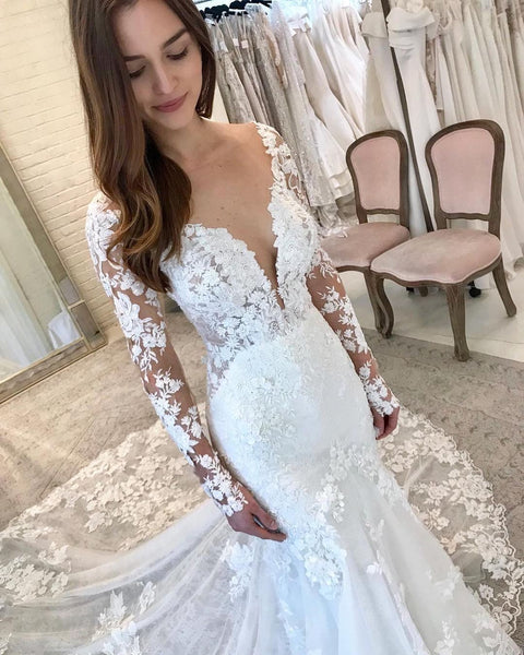 Elegant Mermaid V Neck Lace Wedding Dresses with Appliques AB092105