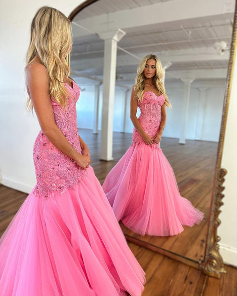 Cute Mermaid Sweetheart Hot Pink Tulle Prom Dresses with Lace AB12004