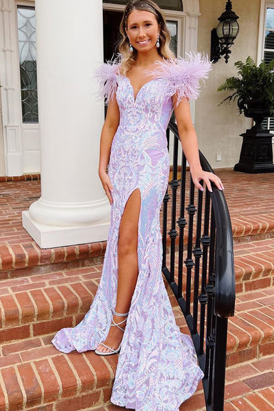 Gorgeous Mermaid Off the Shoulder Lilac Sequins Lace Long Prom Dresses with Side Slit AB061805