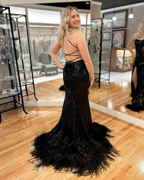 Cute Mermaid Straps Black Sequins Long Prom Dresses with Slit AB12704