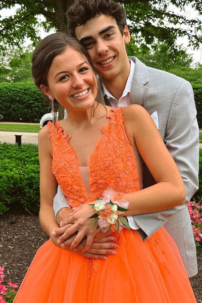 Romantic A-Line V Neck Orange Tulle Long Prom Dresses with Appliques AB061814