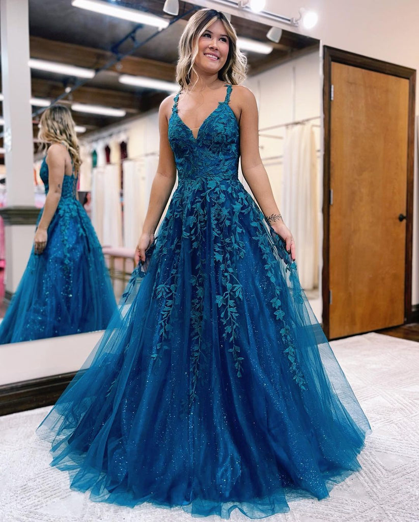 pgmdress Elegant Blue Tulle A Line V Neck Lace Long Prom Dresses Formal Dresses US0 / Custom Color