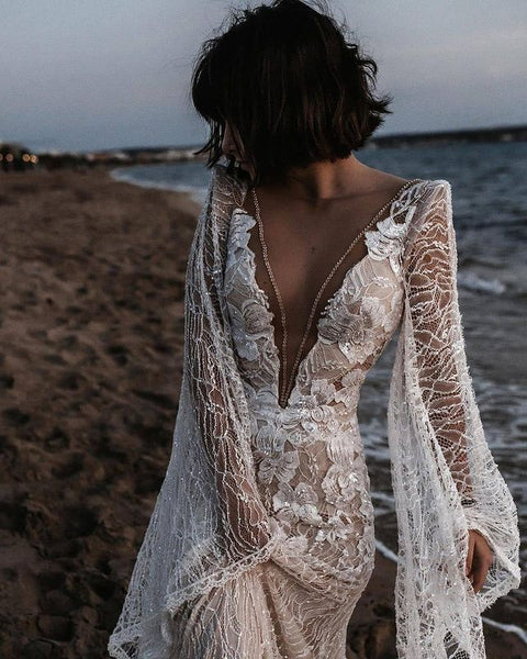 Bohemain Luxurious Beading Lace V Neck Long Sleeves Beach Wedding Dresses AB22081534