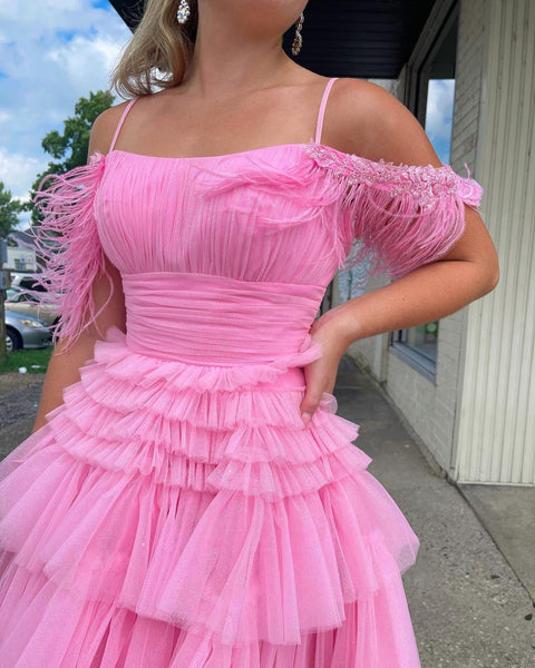 Cute A Line Scoop Neck Pink Tulle Homecoming Dresses with Feather AB083007