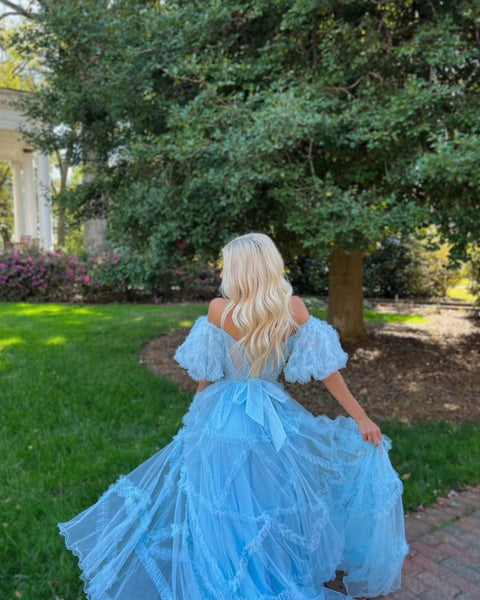 Charming A Line Off the Shoulder Blue Tulle Prom Dresses AB101903