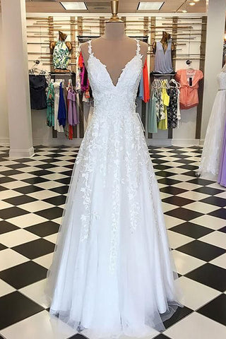 Exquisite A-Line V Neck White Tulle Long Prom Dresses with Appliques AB061826