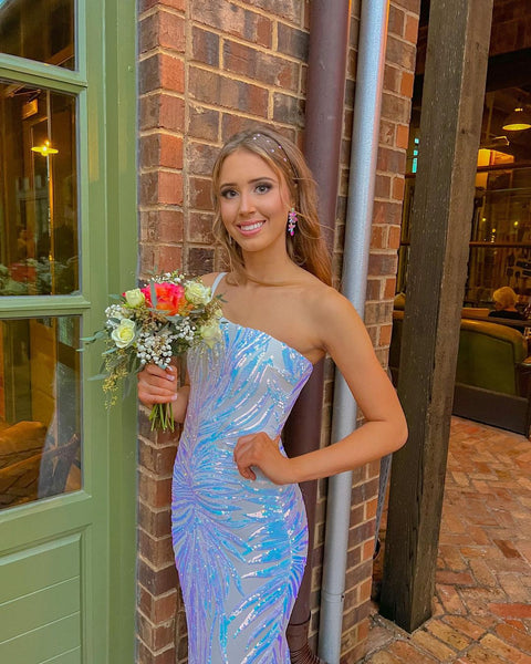 Cute Mermaid One Shoulder Whie Sequins Prom Dresses AB20701