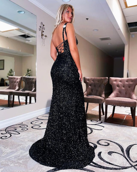 Charming Mermaid One Shouldr Black Sequins Long Prom Dresses with Beading AB081541