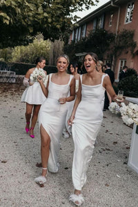 Charming Sheath Scoop Neck Silk Satin Long Bridesmaid Dresses with Slit ABBD061801