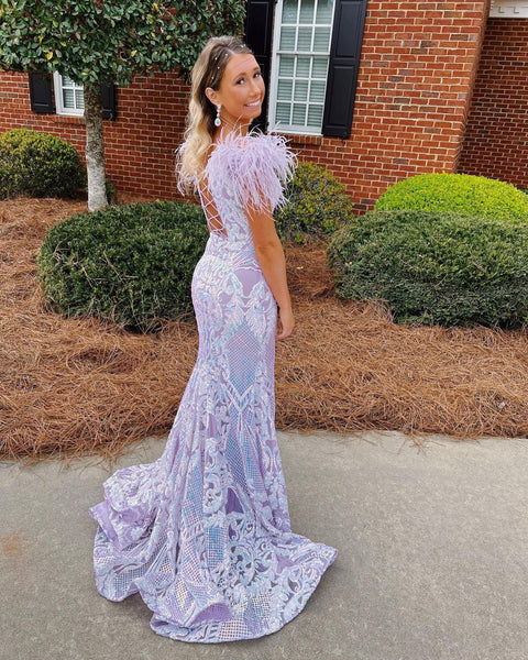 Gorgeous Mermaid Off the Shoulder Lilac Sequins Lace Long Prom Dresses with Side Slit AB061805