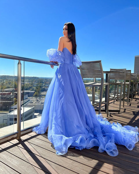 Charming Sweetheart Blue Organza Prom Dresses with Slit AB20704