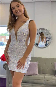 Sparkly Bodycon V Neck Navy Sequins Short Homecoming Dresses AB090804