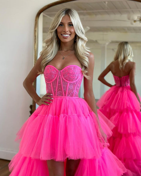 Cute A Line Sweetheart Hot Pink Prom Dresses with Lace AB22501