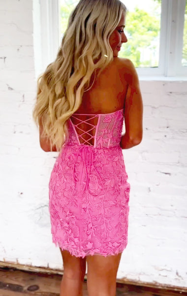 Cute Bodycon Sweetheart Hot Pink Lace Short Homecoming Dresses with Slit ABHC061832