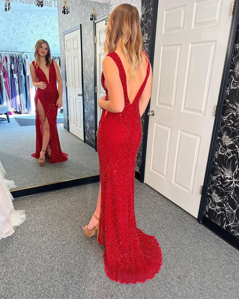 Charming Mermaid Red Sequins Long Prom Dresses with Slit AB121602