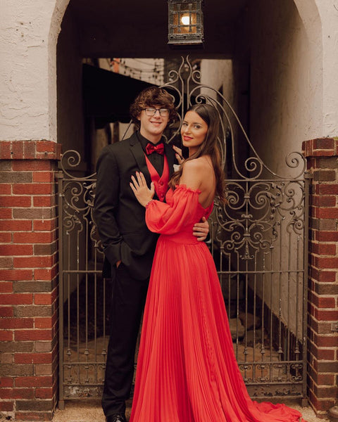 Charming A Line Sweetheart Red Chiffon Long Prom Dresses with Long Sleeves AB040901