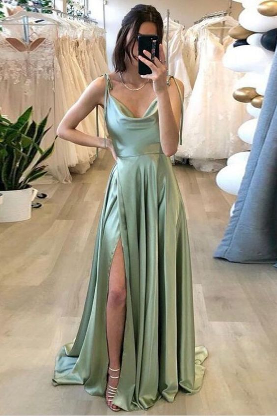 Charming A Line Cowl Neck Sage Green Silk Satin Long Prom Dresses with Slit AB081521 Anniebride Charming A Line Cowl Neck Sage Green Silk Satin Long Prom Dresses with Slit AB081521 Anniebride