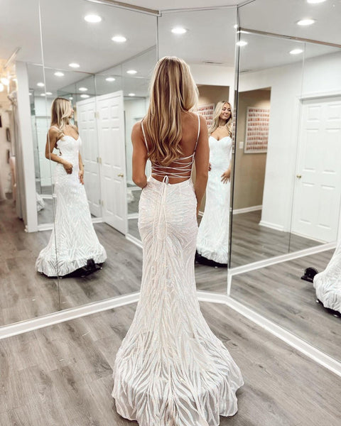 Charming Mermaid White Sequins Lace Prom Dresses AB10605